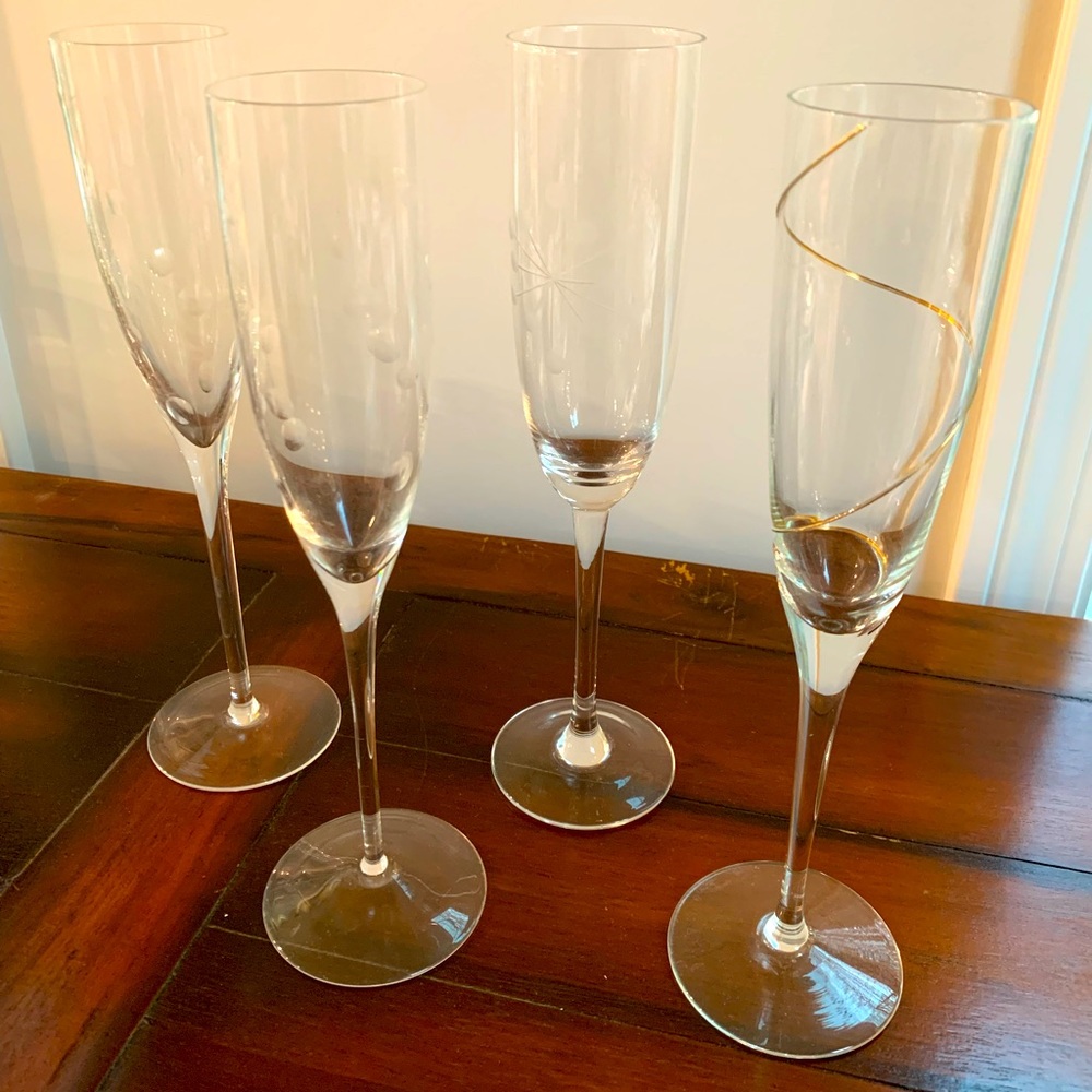 4 Champagne flutes, assorted patterns